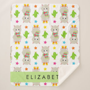 Pattern Of Llamas, Alpacas, Cactus, Your Name Sherpa Blanket