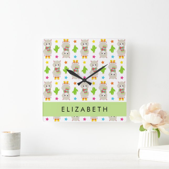 Pattern Of Llamas, Alpacas, Cactus, Your Name Square Wall Clock (Home)