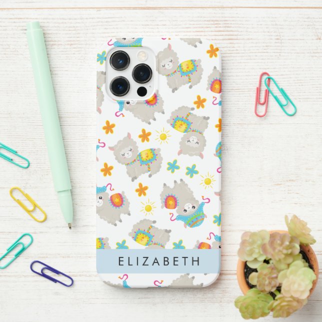 Pattern Of Llamas, Alpacas, Flowers, Your Name iPhone Case (On Desk)