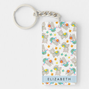 Pattern Of Llamas, Alpacas, Flowers, Your Name Key Ring