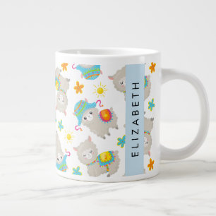 Pattern Of Llamas, Alpacas, Flowers, Your Name Large Coffee Mug