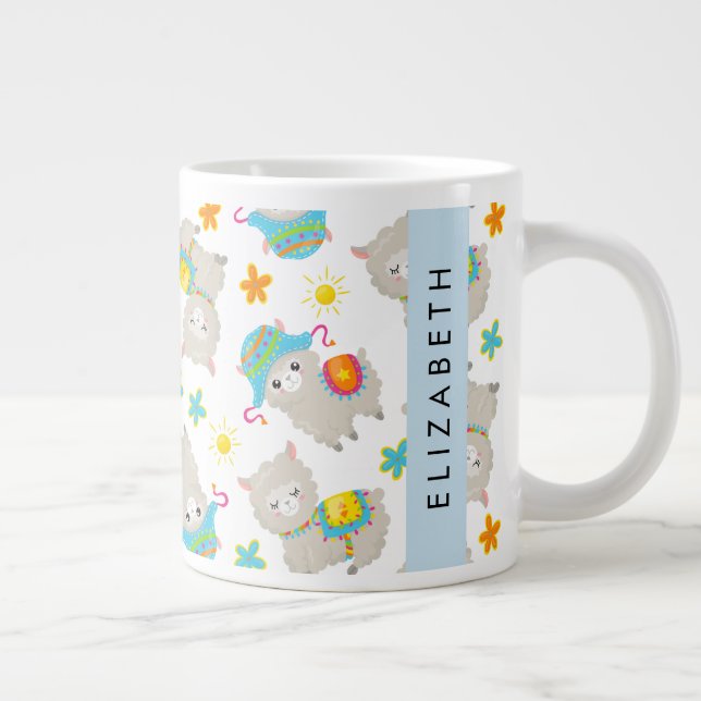 Pattern Of Llamas, Alpacas, Flowers, Your Name Large Coffee Mug (Right)