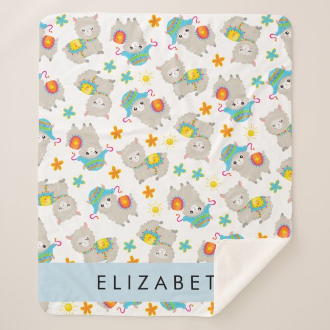 Pattern Of Llamas, Alpacas, Flowers, Your Name Sherpa Blanket (Front)
