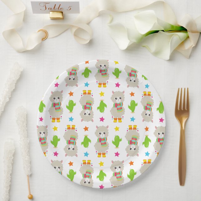 Pattern Of Llamas, Cute Llamas, Alpacas, Cactus Paper Plate (Wedding)