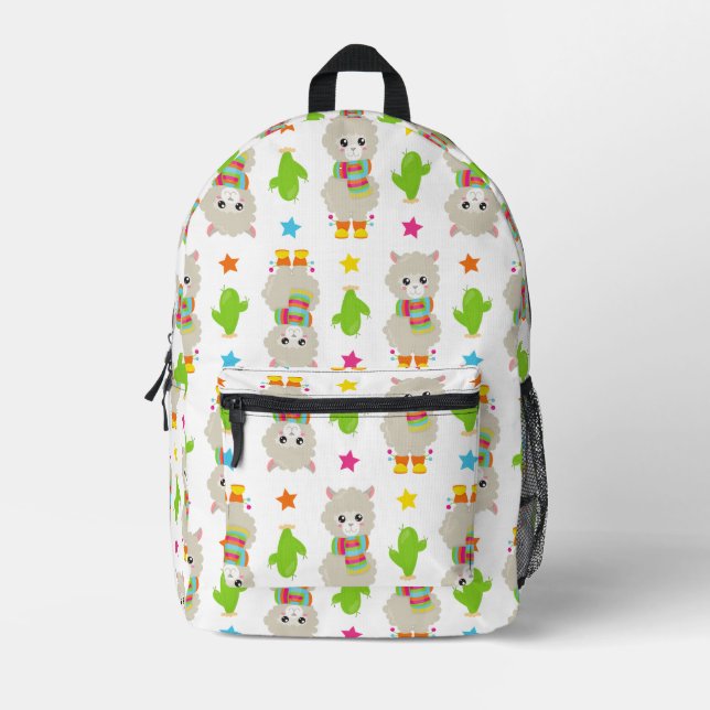 Pattern Of Llamas, Cute Llamas, Alpacas, Cactus Printed Backpack (Front)