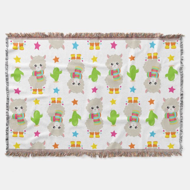 Pattern Of Llamas, Cute Llamas, Alpacas, Cactus Throw Blanket (Front)