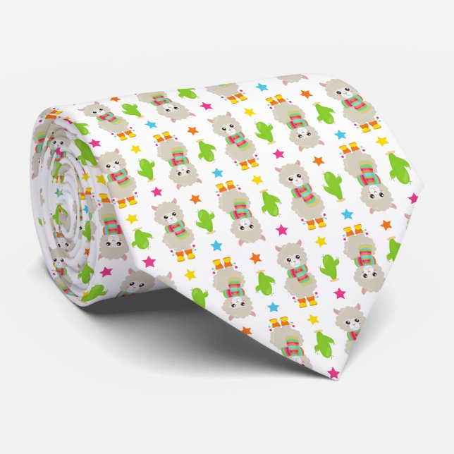 Pattern Of Llamas, Cute Llamas, Alpacas, Cactus Tie (Rolled)