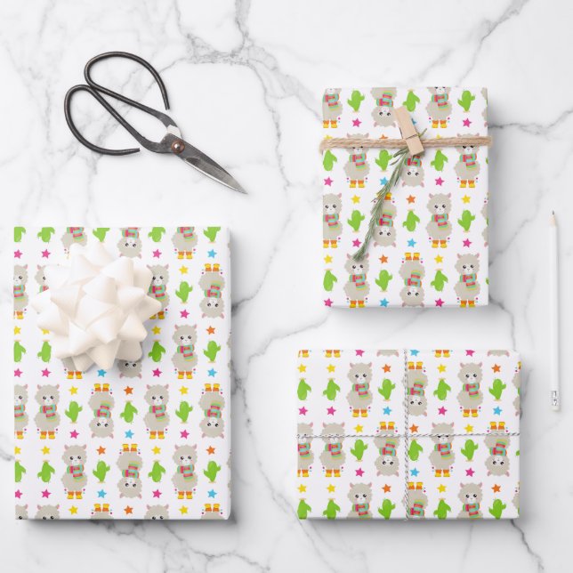Pattern Of Llamas, Cute Llamas, Alpacas, Cactus Wrapping Paper Sheet (Front)