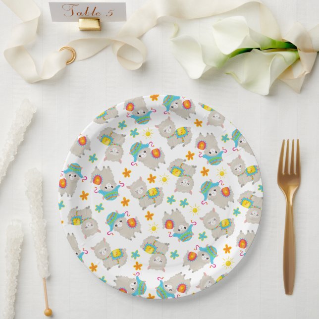 Pattern Of Llamas, Cute Llamas, Alpacas, Flowers Paper Plate (Wedding)