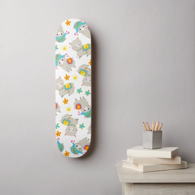 Pattern Of Llamas, Cute Llamas, Alpacas, Flowers Skateboard (Wall Art)