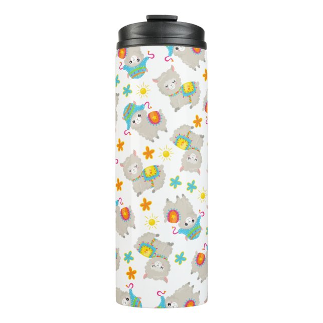 Pattern Of Llamas, Cute Llamas, Alpacas, Flowers Thermal Tumbler (Front)
