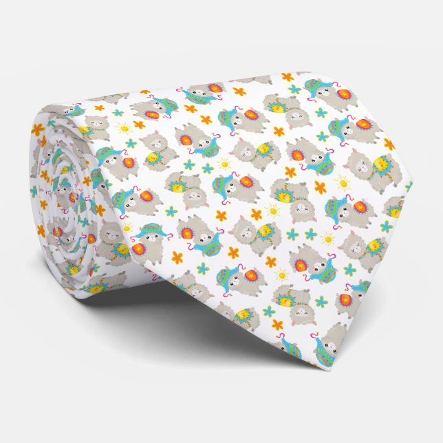 Pattern Of Llamas, Cute Llamas, Alpacas, Flowers Tie (Rolled)
