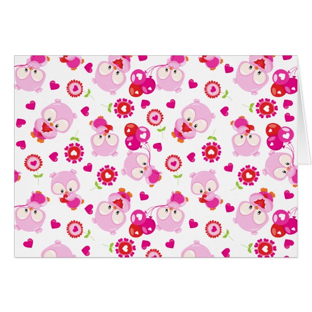 Pattern Of Owls, Cute Owls, Pink Owls, Hearts (Front Horizontal)
