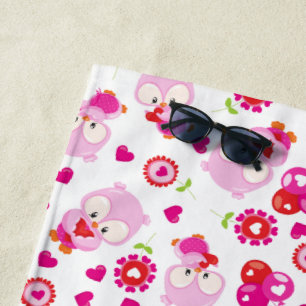 Pattern Of Owls, Cute Owls, Pink Owls, Hearts Beach Towel
