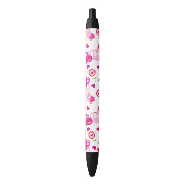 Pattern Of Owls, Cute Owls, Pink Owls, Hearts Black Ink Pen (Front Vertical)