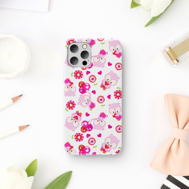 Pattern Of Owls, Cute Owls, Pink Owls, Hearts Case-Mate iPhone Case (Creator Uploaded)