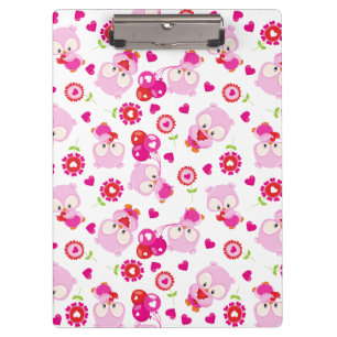 Pattern Of Owls, Cute Owls, Pink Owls, Hearts Clipboard