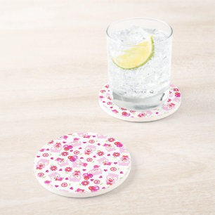 Pattern Of Owls, Cute Owls, Pink Owls, Hearts Coaster
