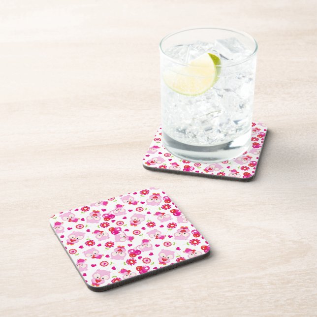 Pattern Of Owls, Cute Owls, Pink Owls, Hearts Coaster (Right Side)