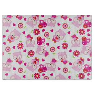 Pattern Of Owls, Cute Owls, Pink Owls, Hearts Cutting Board