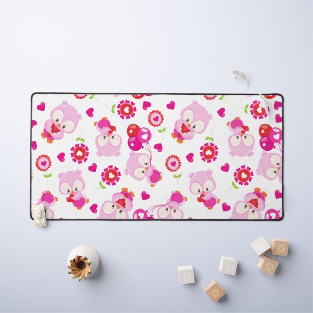 Pattern Of Owls, Cute Owls, Pink Owls, Hearts Desk Mat (Kids Table)