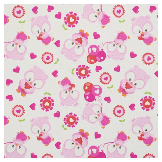 Pattern Of Owls, Cute Owls, Pink Owls, Hearts Fabric (Swatch)