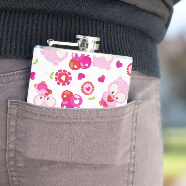 Pattern Of Owls, Cute Owls, Pink Owls, Hearts Hip Flask (In Situ)