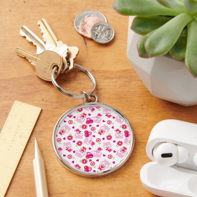 Pattern Of Owls, Cute Owls, Pink Owls, Hearts Key Ring (Desk)