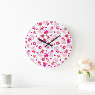 Pattern Of Owls, Cute Owls, Pink Owls, Hearts Large Clock