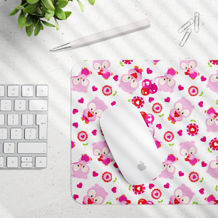 Pattern Of Owls, Cute Owls, Pink Owls, Hearts Mouse Mat