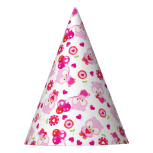 Pattern Of Owls, Cute Owls, Pink Owls, Hearts Party Hat