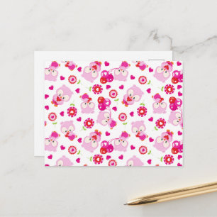 Pattern Of Owls, Cute Owls, Pink Owls, Hearts Postcard