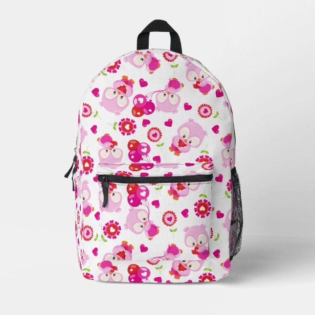 Pattern Of Owls, Cute Owls, Pink Owls, Hearts Printed Backpack (Front)