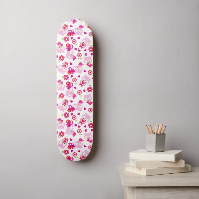 Pattern Of Owls, Cute Owls, Pink Owls, Hearts Skateboard (Wall Art)