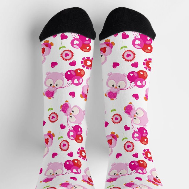 Pattern Of Owls, Cute Owls, Pink Owls, Hearts Socks (Top)