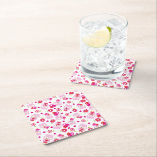 Pattern Of Owls, Cute Owls, Pink Owls, Hearts Square Paper Coaster