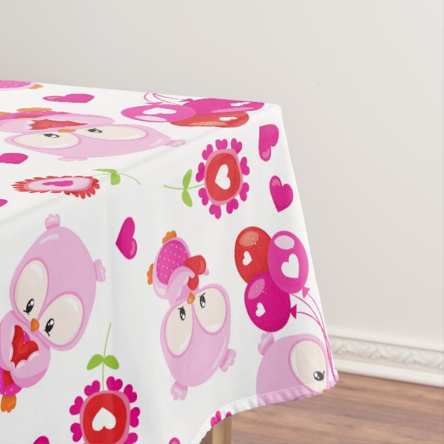 Pattern Of Owls, Cute Owls, Pink Owls, Hearts Tablecloth (In Situ)