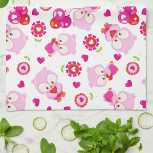 Pattern Of Owls, Cute Owls, Pink Owls, Hearts Tea Towel