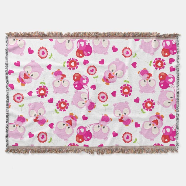 Pattern Of Owls, Cute Owls, Pink Owls, Hearts Throw Blanket (Front)