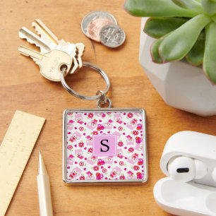 Pattern Of Owls, Cute Owls, Pink Owls, Monogram Key Ring