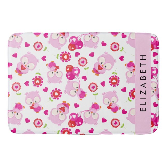 Pattern Of Owls, Cute Owls, Pink Owls, Your Name Bath Mat (Front)