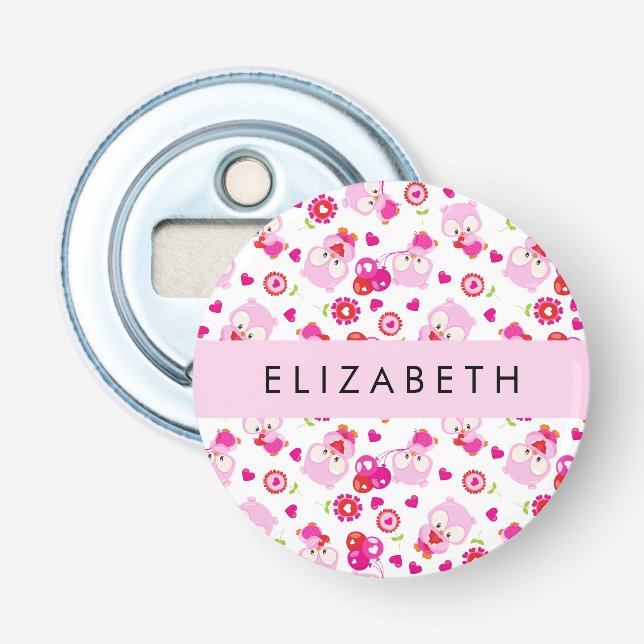 Pattern Of Owls, Cute Owls, Pink Owls, Your Name Bottle Opener (Front)