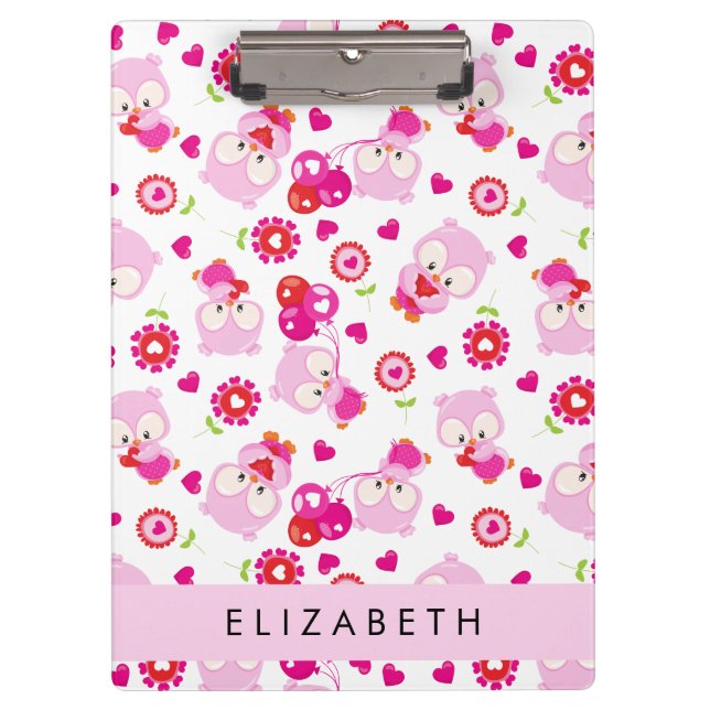 Pattern Of Owls, Cute Owls, Pink Owls, Your Name Clipboard (Front)