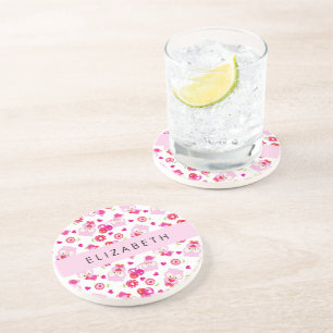 Pattern Of Owls, Cute Owls, Pink Owls, Your Name Coaster