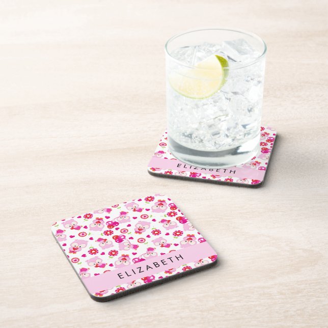 Pattern Of Owls, Cute Owls, Pink Owls, Your Name Coaster (Right Side)