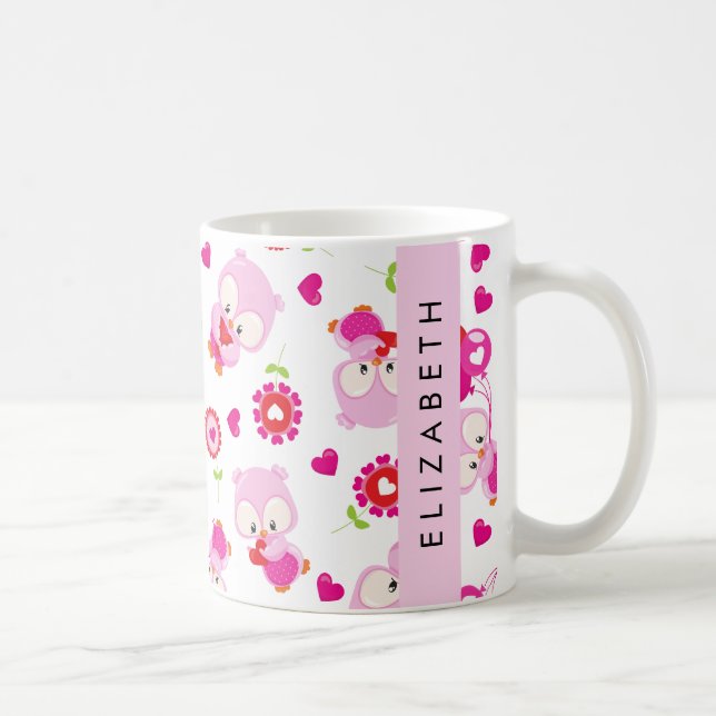 Pattern Of Owls, Cute Owls, Pink Owls, Your Name Coffee Mug (Right)