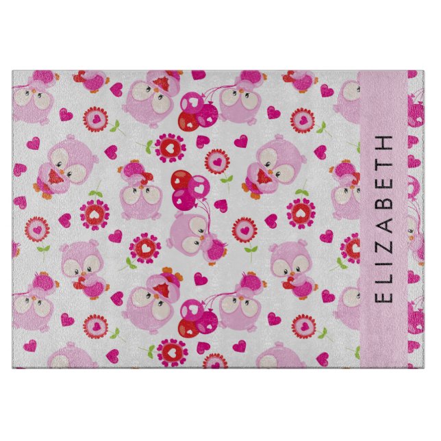 Pattern Of Owls, Cute Owls, Pink Owls, Your Name Cutting Board (Front)