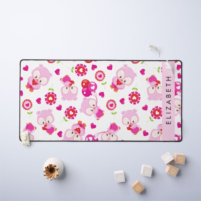 Pattern Of Owls, Cute Owls, Pink Owls, Your Name Desk Mat (Kids Table)