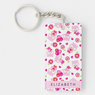 Pattern Of Owls, Cute Owls, Pink Owls, Your Name Key Ring