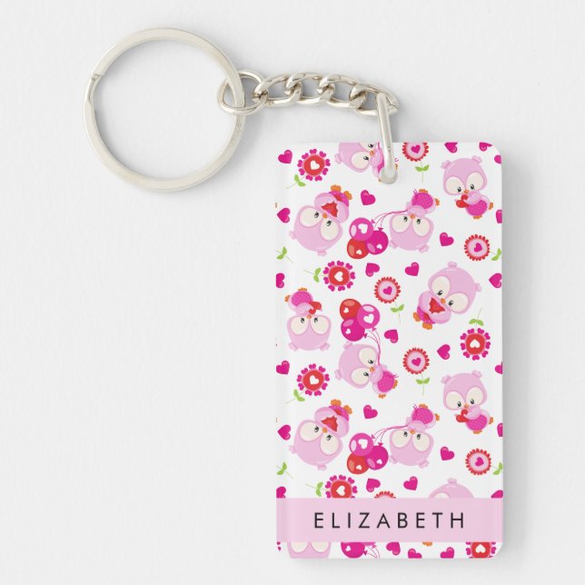 Pattern Of Owls, Cute Owls, Pink Owls, Your Name Key Ring (Front)
